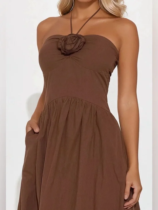 NWT Brown Maxi Dress with Rosette Detail - Picture 3 of 3